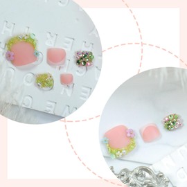 French Tip Press on Toenails with Design Flower Rhinestone Charm Fake Toenails Short Square Full Cover Toe Nails Matte Acrylic Toe Nails for Women