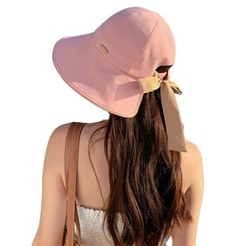 Bowknot Women's Wide Brim Bucket Hat with Ponytail Hole UV Protection Packable Sun Hats for Women UPF 50 Summer Sunhat Pink