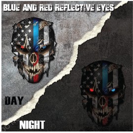 Decals by Haley Ripped Skull US Flag with Thin Blue and Red Line Honoring Police and Firefighters Fire Fighter Department Fireman Firewoman Law Enforcement Vinyl Stickers Trucks Motorcycle Decal Bike Window American Sniper Reflective Black Logo USA