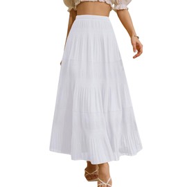 Genfien Women Skirts Elastic High Waist Maxi Chiffon Skirts for Women with Lining Summer Vintage Long Elegant A-Line Beach Skirt White