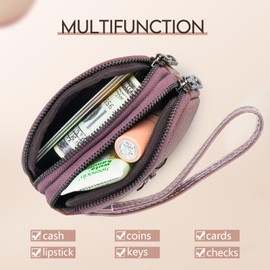 imeetu Women Leather Coin Purse, Small 2 Zippered Change Pouch Wallet(Dark Pink, Wrist Strap)