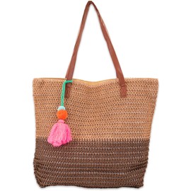 styleBREAKER 02012371 Women's Basket Braided Shoulder Bag 2 Colours Beach Bag with Long Handles, Braided Bag, Zip, brown / dark brown