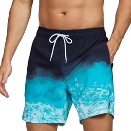 Mens Swim Shorts Fashion Gradient Swimming Trunks Quick Dry Beach Bathing Suits with Zipper Pockets Mesh Lining Gradient Waves S