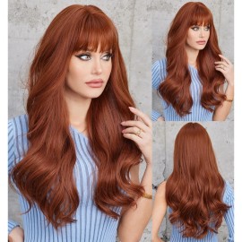 WigsA Heat Resistant Synthetic Hair Long Wavy Copper Red Cosplay Party Wigs With Bangs
