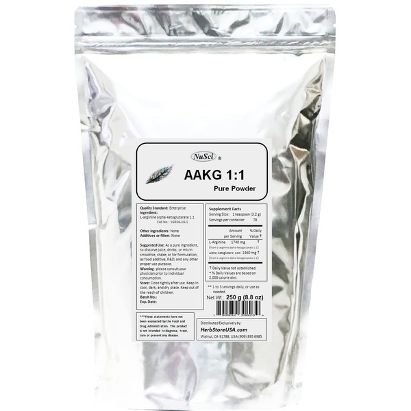 NuSci AAKG (1:1) L-Arginine Alpha Ketoglutarate (1:1) Pure Powder Maximum Strength (250 Grams (8.8 oz))