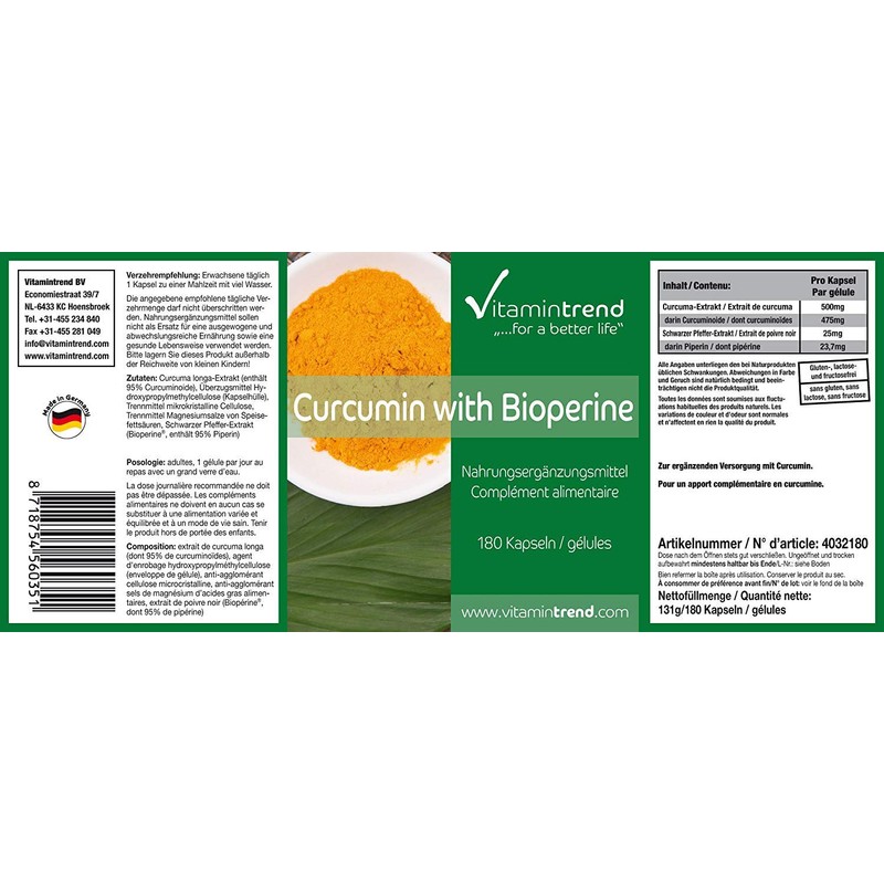 Curcumin Capsules with Bioperine - 180 Capsules - For 6