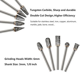Carbide Burrs with Double Cut, 10 Pieces Carbide Cutter Set with 3 mm Shank, Rotary Tool Accessories for Grinding, Carving, Metal Polishing, Engraving and Drilling