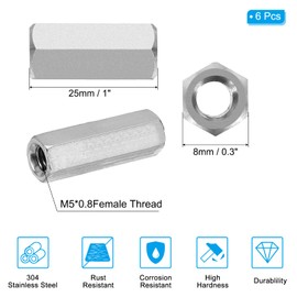 PATIKIL M5 x 0.8-Pitch 304 Stainless Steel Hex Coupling Nuts, 6Pcs 25mm/ 1" Length Coarse Fully Threaded Rod Coupling Nut Studding Connector Fasteners, Silver Tone