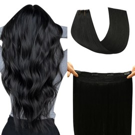 SAFIRENY Wire Hair Extensions,Invisible Wire Hair Short Jet Black Real Human Hair 16inch Straight with Adjustable Fish Line Hair Extensions for women 70g(#1-16inch)