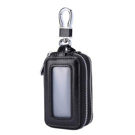Guolich Car Key Chain Bag Double Zipper Leather Protection Key Coin Holder Keyring with Transparent Window for Car Key Remote Control (Black)