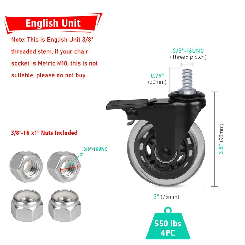 Hirate 3" Caster with 3/8"-16UNC Threaded Stem(2 Casters with Brake