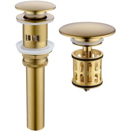 JONKEAN Bathroom Pop Up Drain with Overflow,Vanity Vessel Sink Drain with Detachable Basket,Pop Up Drain Stopper Hair Catcher, Built-in Anti-Clogging Strainer (Brushed Gold, with Overflow)
