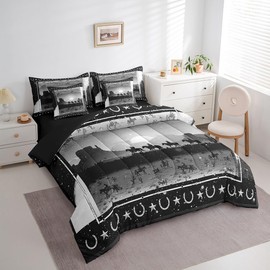 Feelyou Grey Western Bed in a Bag Twin Size Wild Western Cowboy Comforter Set 7 Pieces Horse Setting Sun Glitter Bedding Set Horseshoes West Texas Star Bed Set with Comforter, Sheet Set, Pillowcases