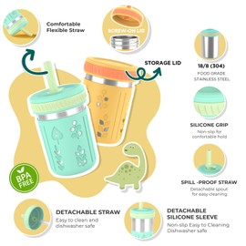 Tronco [2 Pack] 10 oz 2-in-1 Stainless Steel Kids Tumbler Cups with Silicone Sleeves, Spill-Resistant Flexible Straws & Storage Lids, BPA-Free Smoothie and Snack Cups, Dishwasher Safe