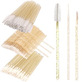 300 PCS Eyelash Extension Supplies Kit, Disposable Micro Swab Brush, Eyebrow Spoolie, Lip Brush, Mascara Wand Applicator (Crystal gold handle white kits)