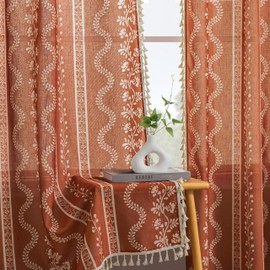 Terracotta Burnt Orange Boho Curtains, Vintage Floral Patterned Rust Linen Whimsical Semi Sheer Tapestry Drapes, Farmhouse Rustic Retro Bohemian Curtain for Bedroom Living Room 84 Inch 2 Panels