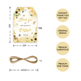 50pcs Bee Thank You Tags, Bee Gift Tag with String for Bumble Bee Party, Oh Babee Thank You Paper Tags for Bee Themed 1st Birthday/Honey Bridal Shower Party Favors