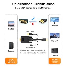 VGA to HDMI Cable 6FT/2 Pack with USB Power and Audio, 1080P@60Hz PC VGA Source Output to TV/Monitor with HDMI Connector, Male to Male for Computer Desktop Laptop Monitor Projector