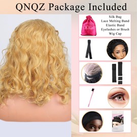 QNQZ 14 Inch Honey Blonde Short Wear and Go Glueless Wigs Human Hair Pre cut 7x5 HD Closure Wigs Human Hair Honey Blonde Body Wave Glueless Wigs Human Hair 27# Colored 200% Density