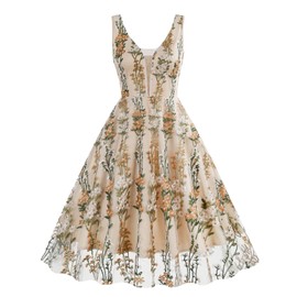 Plunging V Neck Floral Embroidery Dress for Women Sleeveless Mesh Embroidered Dress Summer Casual A-line Tulle Evening Dress Knee Length 1950s Retro Vintage Cocktail Party Swing Dress Apricot+Brown M