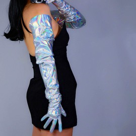 DooWay Super Long Leather Gloves for Women Faux Patent PU Oversize Full Arm 35 incehs Shiny Hologram Silver