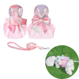 Nuatpetin Dog Mesh Dress Harness with Leash Set, Adjustable Dog Leash for Small Dogs Girl, Cute Pink Bow Reflective Vest for Puppy Small Breeds Dogs Walking Escape Proof Puppies Harness Outdoor Xs