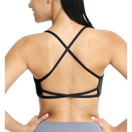 icyzone Women's Sports Bra Padded Spaghetti Straps Yoga Bra Crossed Back Gym Fitness Bra, black