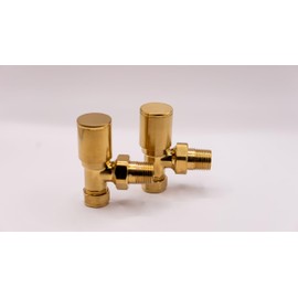 Round Brushed Gold Valve Set - Heated Towel Rail/Radiator Block Valves (Twin Pack) with Round Metal Handles Brush Brass (Brushed Brass Angle Valve Set)