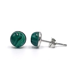 Natural 6mm malachite stud earrings with white gold plated over sterling silver, bezel cabochon gemstone jewelry gift for her, Uniquelan jewelry (malachite)