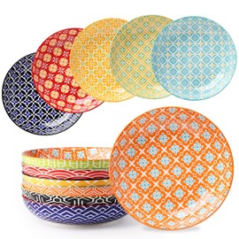 Metahom Pasta Bowls Set of 6, 8 Inch Ceramic Salad Bowls, 30 Oz Wide and Shallow Bowl for Kitchen, Serving Dish Plate for Pasta, Salad, Soup, Vibrant Color