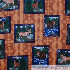 Signature Flannel BonEful Fabric FQ Cotton Flannel Quilt Brown Block Deer Buck Bear Log Cabin Wood