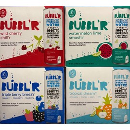 Bubblr Antioxidant Sparkling Water, Triple Berry Breezr, Wild Cherry Chillr, Tropical Dreamr, Watermelon Lime Smashr, Gift Variety Pack, 12 Fl Oz (Pack of 24)