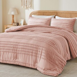BEDELITE Boho Comforter Set Queen Size, Dusty Pink Tufted Striped Bed Set 3 Pieces, Soft Vintage Farmhouse Comforter for All Seasons, Boho Home Decor,Fluffy Jacquard Bedding with 2 Pillow Shams