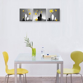 Piy Painting Canvas Prints Artwork Yellow Orchids in a Vintage Vase Canvas Painting Modern Framed Floral Picture On Canvas Wall Art Ready to Hang for Home Decor as 3-Parts 12x12inch