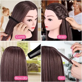 TopDirect Hairdressing Head, 75 cm / 29.5 Inch Practice Head Hairdresser, Hairstyle Head 100% of Artificial Hair, Doll Head for Styling with Braiding Aid & Holder, Pink + Brown