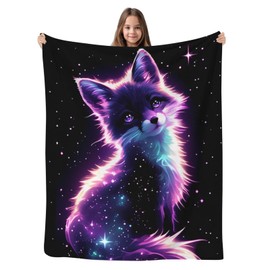 GNEW Fox Blanket for Girls, Cute Galaxy Fox Throw Blankets, Kawaii Fox Gifts for Girls Boys Kids Baby, Fox Lovers Gifts Blanket, Cute Fox Decor, Purple Black Hot Pink Sparkle Starry Stars,50"x40"