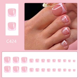 Pink Press on Toenails Fake Toe Nails Glitter False Toenails Glossy Full Cover French Tip Acrylic Toenails with Designs Toe Press on Nails Toe Nail Press ons for Women Art Manicure 24Pcs