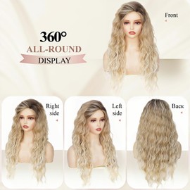 Ombre Blonde Long Wavy Wig for Women, with Dark Roots