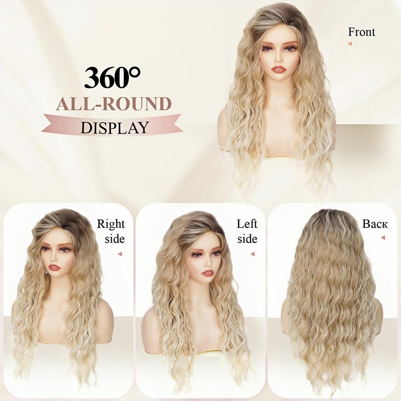 Ombre Blonde Long Wavy Wig for Women, with Dark Roots