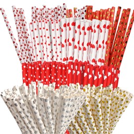 EVECILOO 200 PCS Heart Paper Straws Foil Red Silver Gold Heart Straws Disposable Drinking Straws Wedding Birthday Party Decorative Straws Supplies, 8 Styles