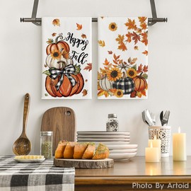 Artoid Mode Buffalo Plaid Bowknot Pumpkin Fall Kitchen Towels Dish Towels, 18x26 Inch Farmhouse Maple Leaves Decoration Hand Towels Set of 2