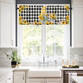 Sunflower Gnome Window Valance Curtain Farm Bees Vintage Black Buffalo Plaid Valance Tier Curtain Blackout Rod Pocket Curtain Valances for Kitchen/Bedroom/Living Room/Bathroom, 1 Panel, 42 x 12 Inch