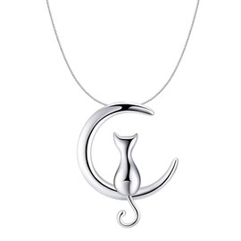 Cat Moon Necklace for Women by Ginger Lyne 18 Inch Box Chain White Gold Plated Copper Pendant 23mm Kitty Jewelry Gift for Cat Mom Minimalist Kitten Simple Silver Tone Pet Jewelry