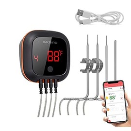 Inkbird Termómetro Digital Inalámbrico Bluetooth para Carne con 4 Sondas, Temporizador, Alarma, 150 pies, Termómetro de Cocina para Barbacoa, Parrilla