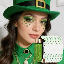 6Pcs Green Shamrock Temporary Face Tattoos & Green Gold Face Body Hair Glitter Gel - 6 PCS St. Patrick's Day Glitter Makeup Set, Lucky Irish Festival Sparkle Makeup for Women