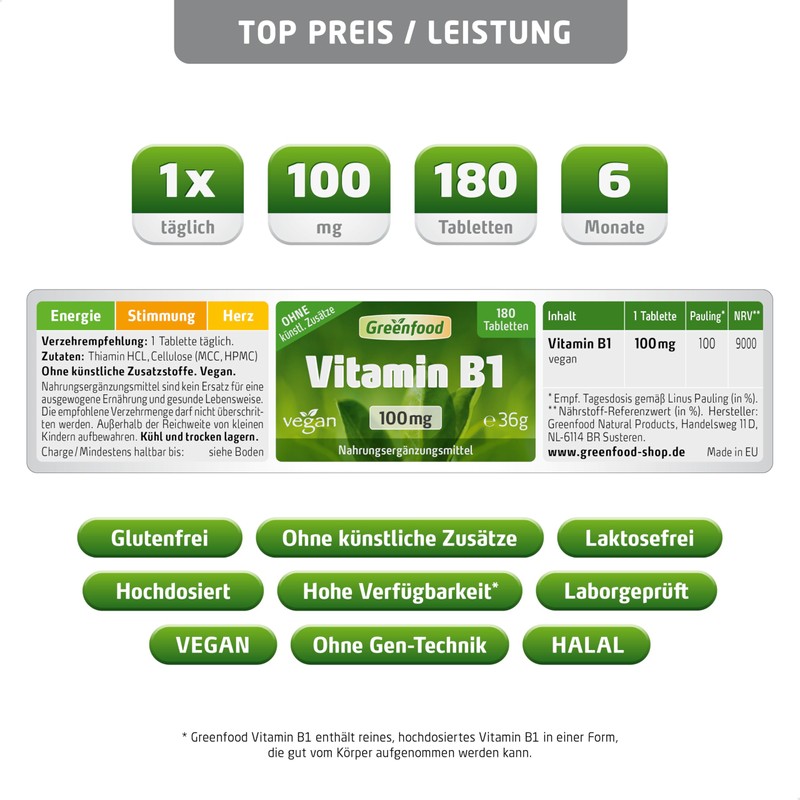 Vitamin B1, high dose, 100 mg - 180 tablets, vegan.
