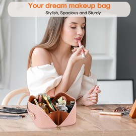 ALEXTINA Large Capacity Travel Cosmetic Bag - PU Leather Makeup Organizer Bag Portable Woven Makeup Bags for Women Waterproof Travel Toiletry Bag with Divider Pouch, Pink