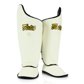 Fairtex SP8 Muay Thai Shin Guards for Men, Women, Kids | Shin Guards Made with Syntek Leather & are Premium, Lightweight & Durable | Expanded Side Protection (White/Small)