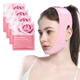 Lifting Mask, V-Line Face Mask, Breathable V-Shaped Face Bandage + 4 x Hydrogel Mask, Soothing, Reusable Double Chin Reduction Chin Strap, Anti-Ageing and Face Compression Chin