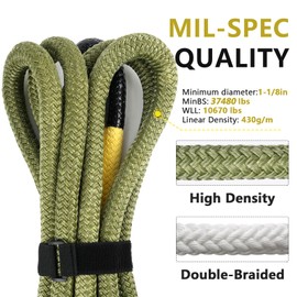 NTR 1-1/8" x 30' Kinetic Recovery Tow Rope (37,480lbs), with 2 UHMWPE Soft Shackles (40,980lbs), Heavy-Duty Offroad Snatch Strap, Vehicle Recovery kit for Jeep car Truck ATV UTV SUV